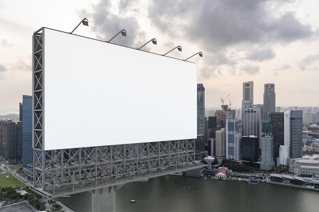 Blank white road billboard with singapore cityscape background\
at sunset street advertising poster mock up 3d rendering side view\
the concept of marketing communication to sell idea