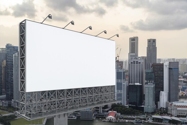 Blank white road billboard with Singapore cityscape background at sunset Street advertising poster mock up 3D rendering Side view The concept of marketing communication to sell idea