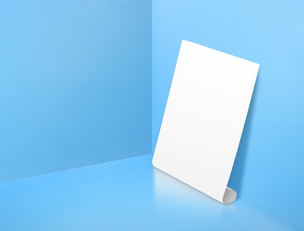 Blank white rolling poster at corner painted pastel blue color studio room background