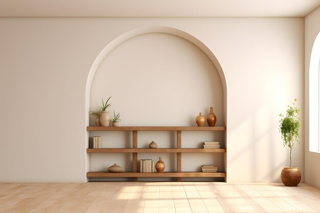 blank white room with wooden bookshelf and arches ai generate