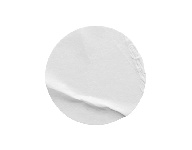 Photo blank white round paper sticker label isolated on white background with clipping path