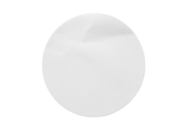 Photo blank white round paper sticker label isolated on white background