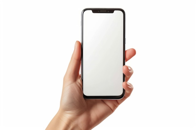 Пустой белый экран мобильного телефона с ручным телефоном, изолированным на белом фоне