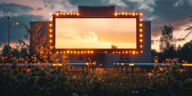 Photo blank white screen outdoors in green grass park outdoor cinema big screen show ai generated