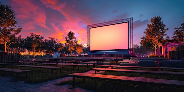 blank white screen outdoors in green grass park outdoor cinema big screen show ai generated