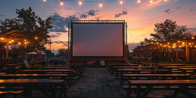 blank white screen outdoors in green grass park outdoor cinema big screen show ai generated