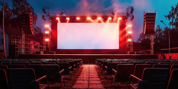 blank white screen outdoors in green grass park outdoor cinema big screen show ai generated