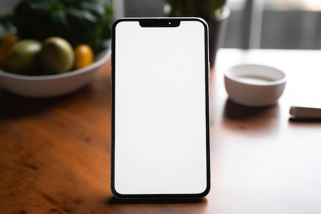 スマートフォンがキッチンのテーブルの上に置かれている白い画面クリエイティブなデザインコンセプトAIが生成された