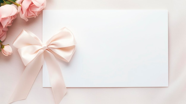 Photo blank white sheet of paper with a silk ribbon gift bow generative ai happy