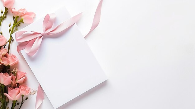 Blank white sheet of paper with a silk ribbon gift bow Generative AI Happy