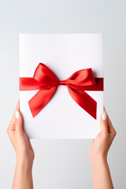 Blank white sheet of paper with a silk ribbon gift bow held in female hands generative ai happy