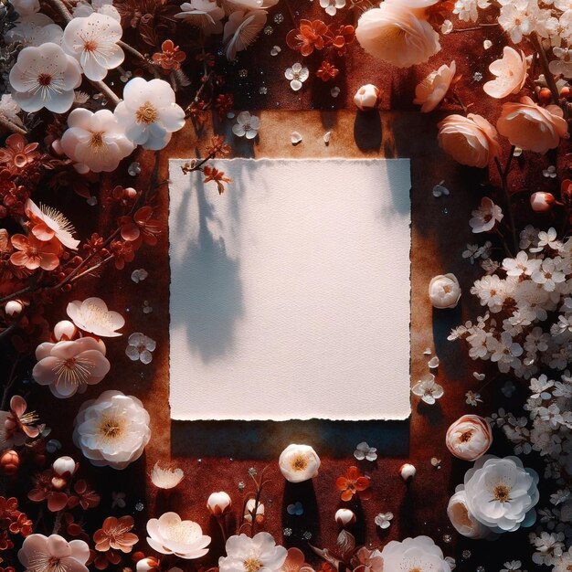 A blank white sheet placed in a garden of assorted blossoms