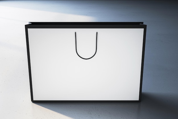 Photo a blank white shopping bag with black handles stands against a textured background suggesting a concept for branding or design mockup 3d rendering