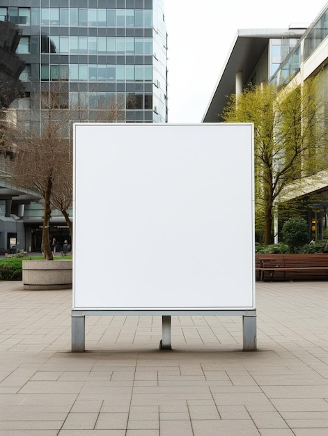 a blank white sign on a sidewalk in front of a building