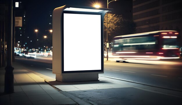 Blank white signboard on roadside in city Vertical blank billboard in city in night time
