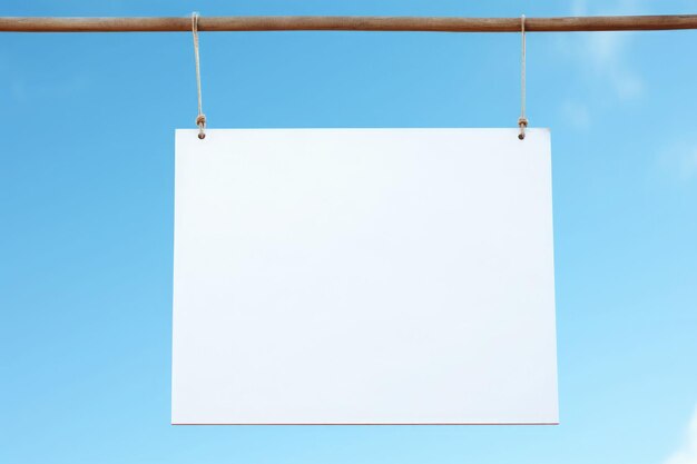 Blank white signboard with hanging with string on blue background Generative AI illustration