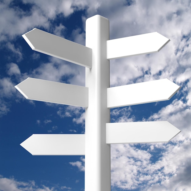 Photo blank white signpost on blue sky with clouds background