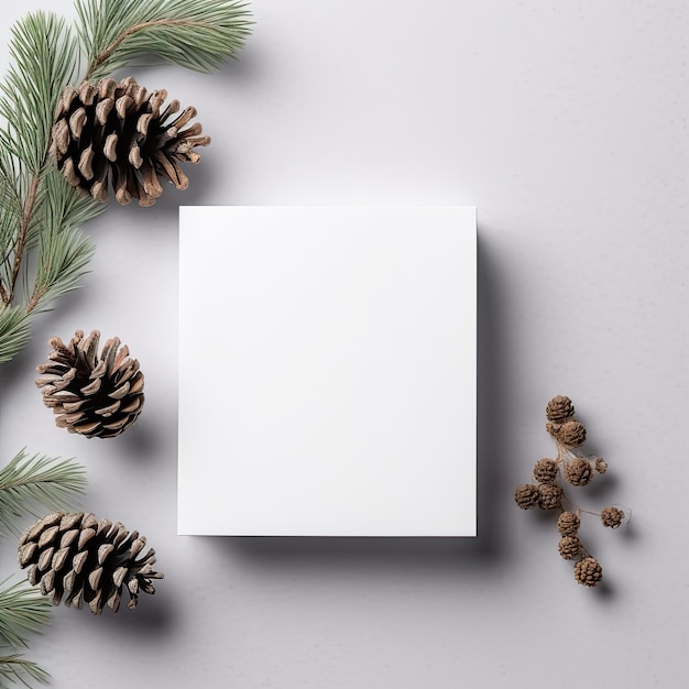 Blank white square mockup with pine cones neutral background