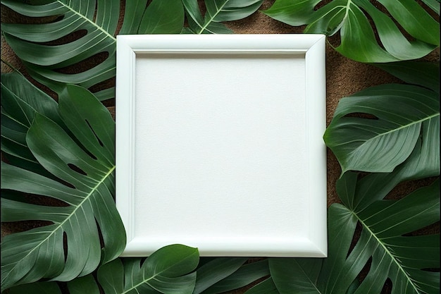 Blank white square wooden frame layout of tropical leaves Blank for advertising card or invitation Generative AI