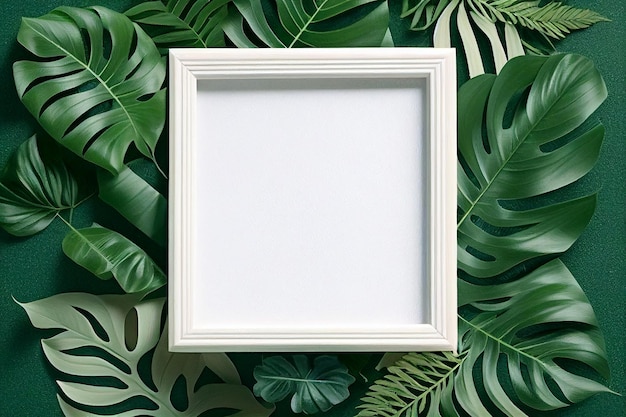 Blank white square wooden frame layout of tropical leaves Blank for advertising card or invitation Generative AI