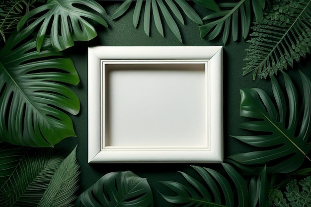 Blank white square wooden frame layout of tropical leaves Blank for advertising card or invitation Generative AI