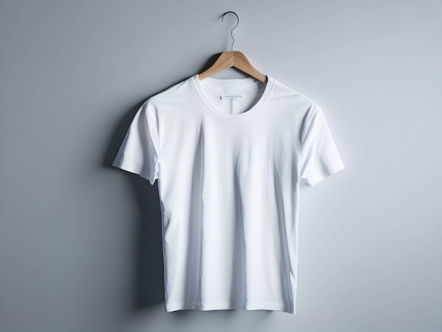 a blank white t shirt hanging on a wall