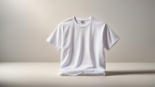 A blank white t shirt is hanging on a white surface