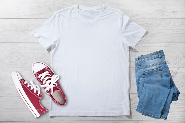 Photo blank white t-shirt and sneakers. mock up.