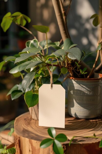 Blank white tag hanging on green plant with wooden background