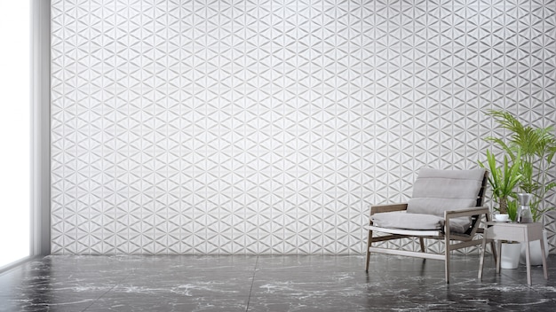 Blank white tiles wall on marble floor of living room in modern house