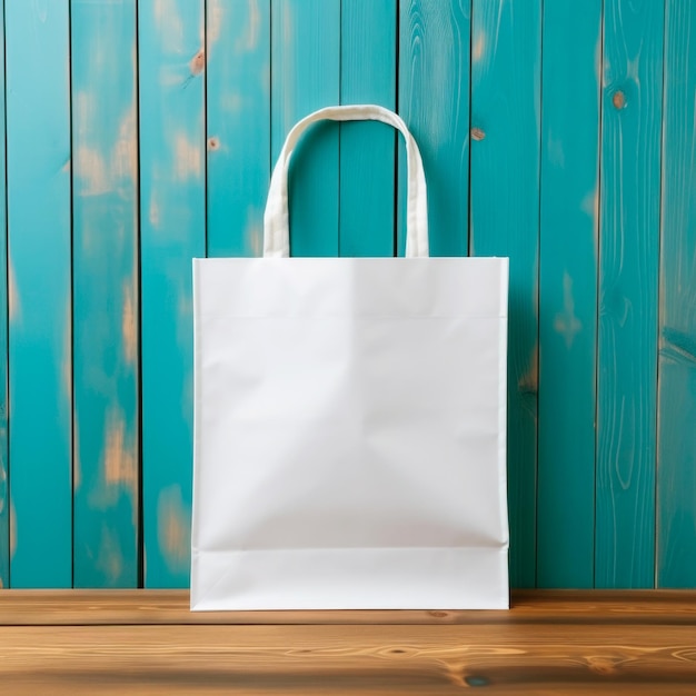 Blank white tote bag mockup isolated on rustic wooden planks AI generative