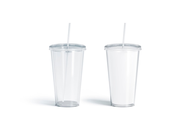 Photo blank white and transparent acrylic tumbler with straw mockup translucent and matt flask mock up