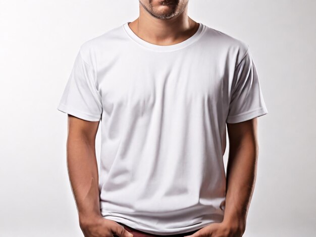 白い背景の上にひげのある男性の体に白い白いTシャツ