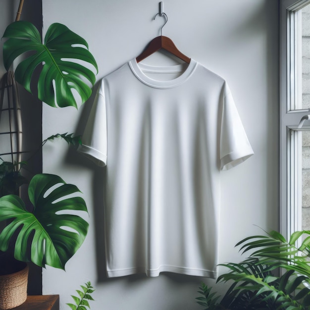 Blank White TShirt Hanging on a Wall Mockup Design 5