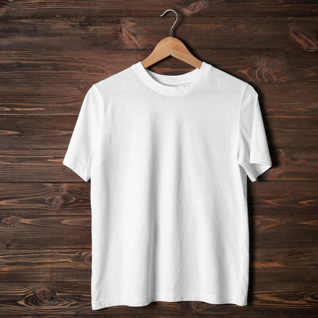 Blank White TShirt Hanging on Wooden Background