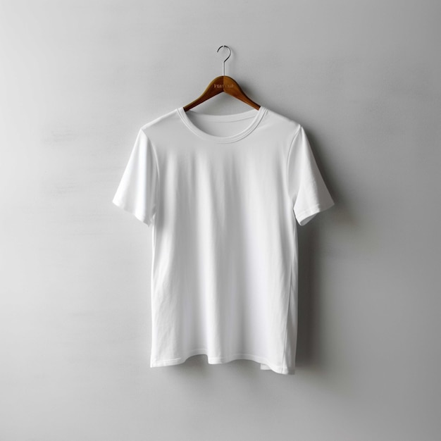 Blank white tshirt hanging on wooden hanger on wall