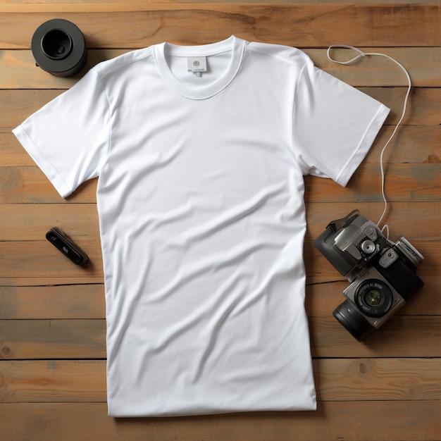 Blank white tshirt lying in a sleeping position on a wooden table beside it are several analog camer