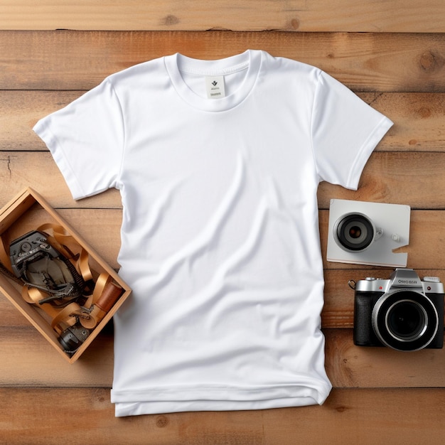 Blank white tshirt lying in a sleeping position on a wooden table beside it are several analog camer