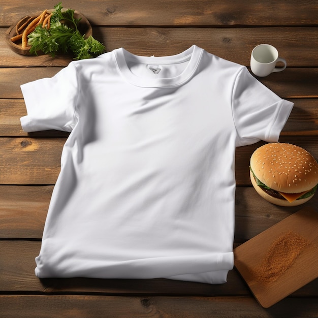 Пустая белая футболка лежит во сне на деревянном столе, рядом с ней лежат несколько гамбургеров.