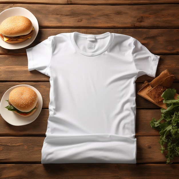 Blank white tshirt lying in a sleeping position on a wooden table beside it are several burgers