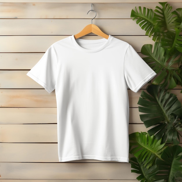 Blank White TShirt Mockup op houten hanger