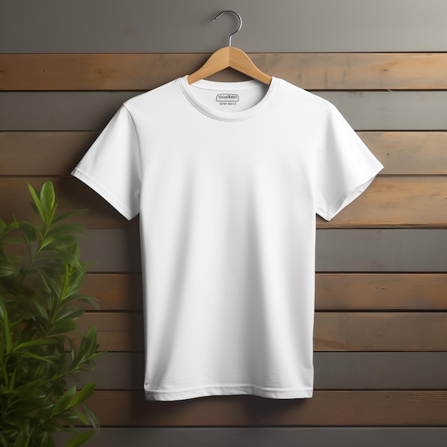 Blank White TShirt Mockup on wooden hanger