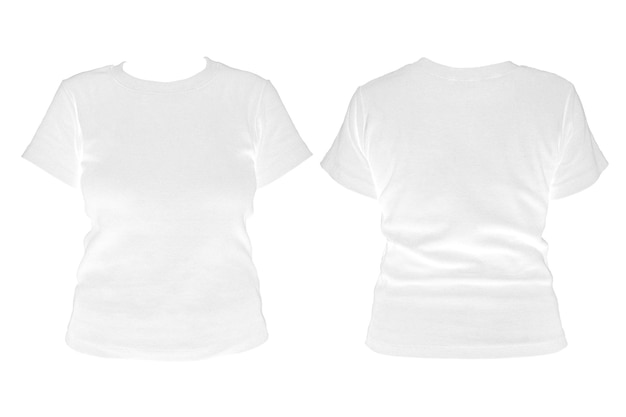 Photo blank white tshirt template for women from two sides natural shape on invisible mannequin for your model design for printing isolated on white background