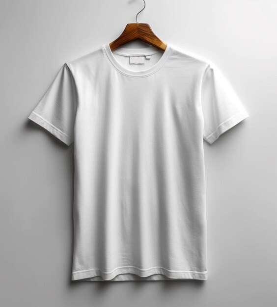 Foto t-shirt bianche bianche mockup appeso sulla parete bianca vista laterale anteriore e posteriore pronto a sostituire il tuo disegno