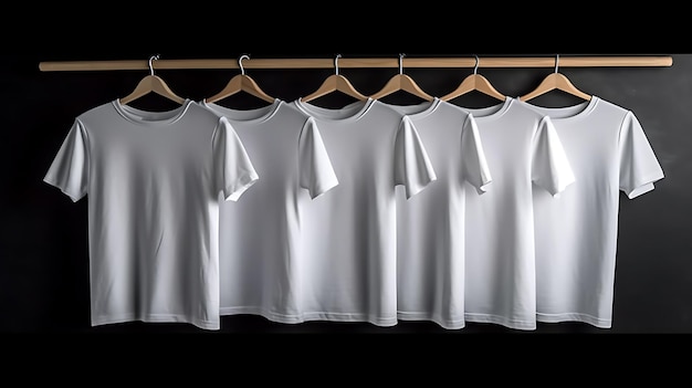 Blank white tshirts set hanging on hangers mockup dark black background
