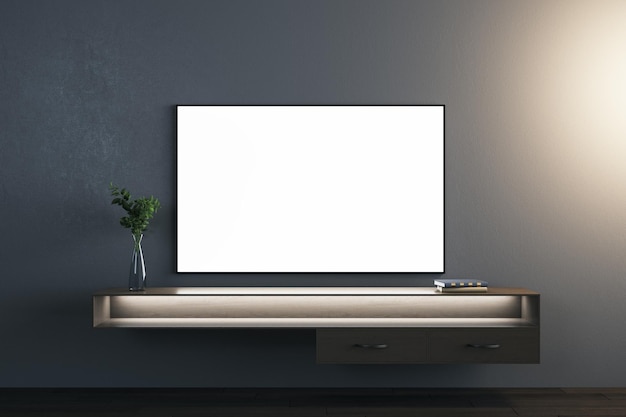 Blank white TV screen over stylish wooden console with dark background 3D rendering mockup