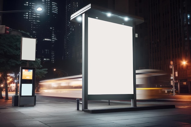 Blank white vertical digital billboard poster on city street bus stop sign at night AI generated