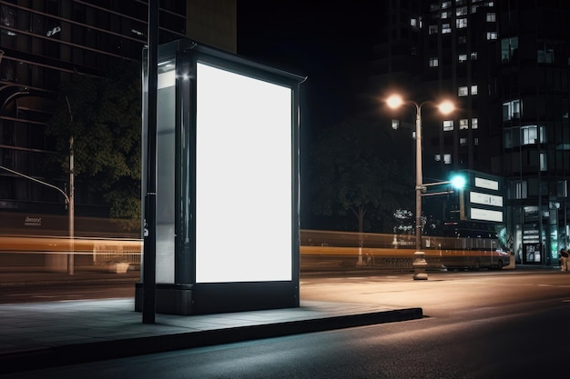 Blank white vertical digital billboard poster on city street bus stop sign at night AI generated