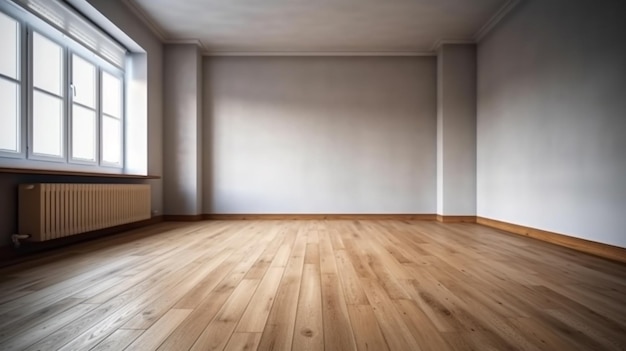 木製の床の正面図と空の部屋で空白の白い壁