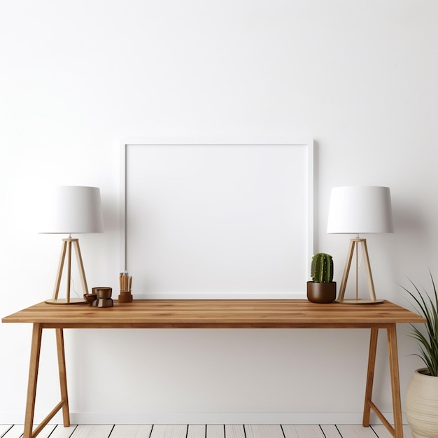 blank white wall mockup with wooden table and lamps